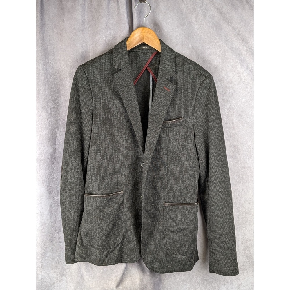 Zara Man Charcoal Grey Herringbone Blazer Elbow Patches USA 38 EUR 48